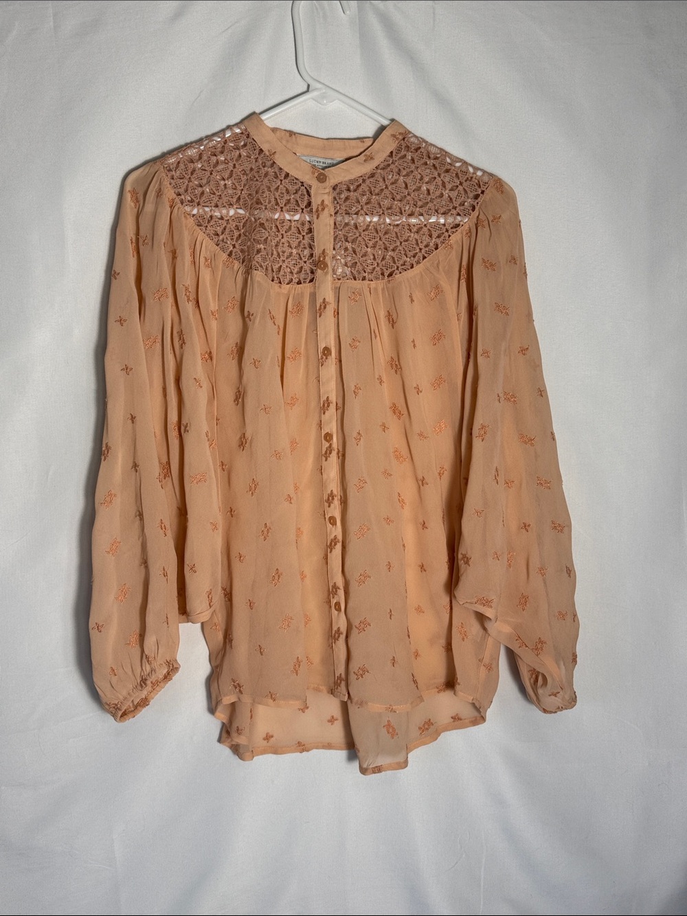 Lucky Brand Peach Long-Sleeved Blouse with a Sheer Crochet Lace Yoke Women’s M